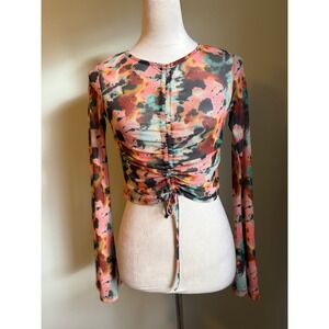 POSTER GIRL‎ Tie Dye Mesh Ruched Long Sleeve Crop Top boho whimsi Y2K  XS pink